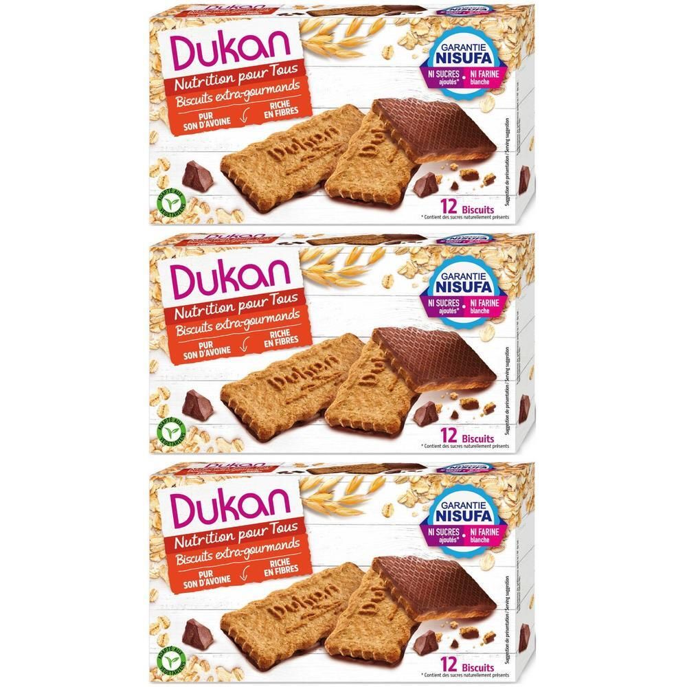 Drie pakken Dukan haverkoekjes met chocolade, 12 koekjes per pak.
