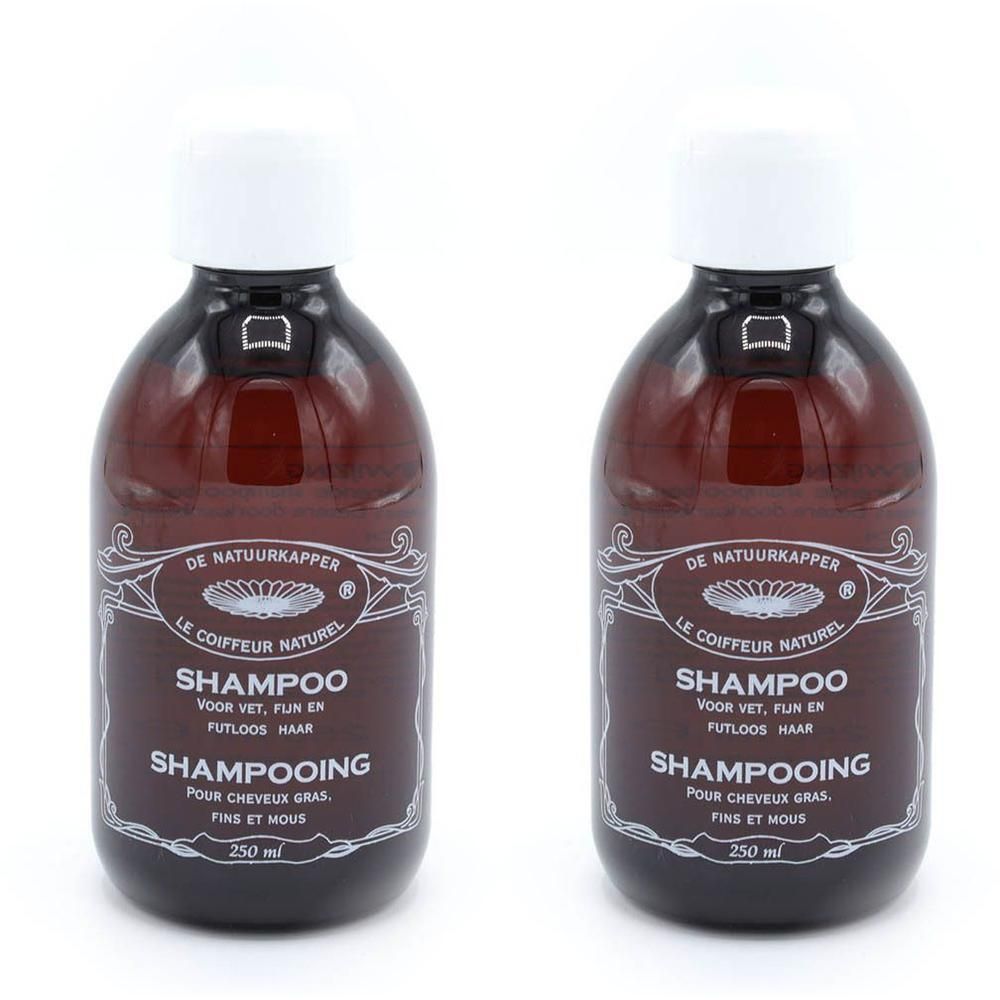 Deux bouteilles de Le Coiffeur Naturel Shampooing pour cheveux gras, fins et mous, 250 ml chacune.