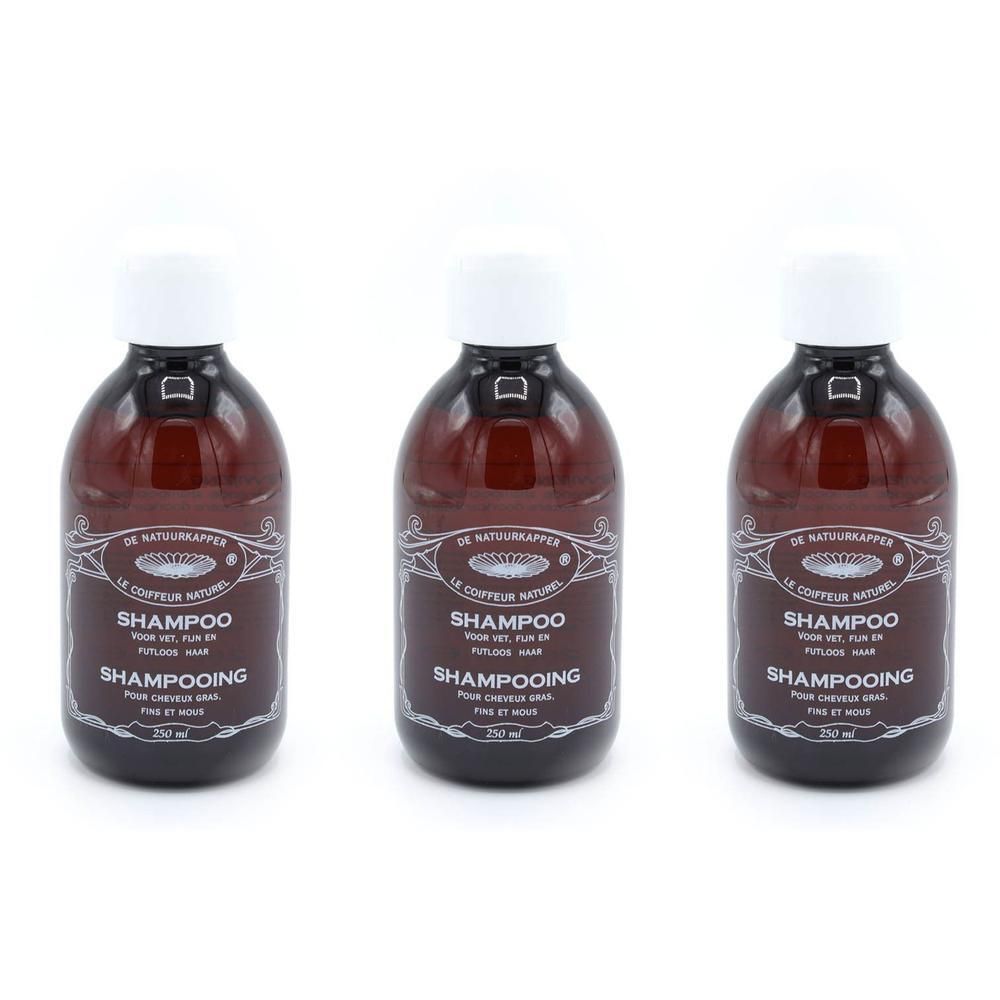 Trois bouteilles de Le Coiffeur Naturel Shampooing pour cheveux gras, fins et mous, 250 ml chacune.