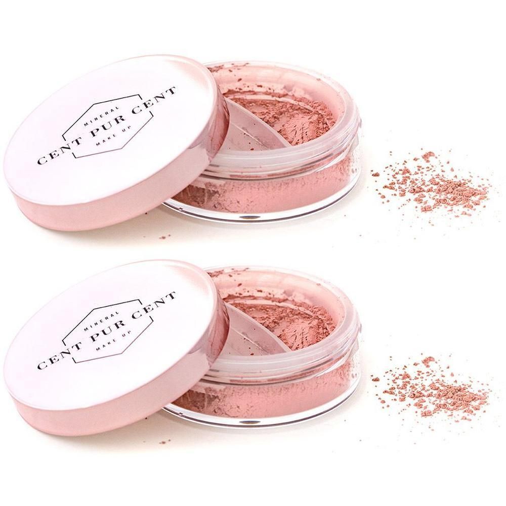 Twee open potjes met los poeder blush in roze kleur. Deksel met opdruk "CENT PUR CENT MAKE UP".
