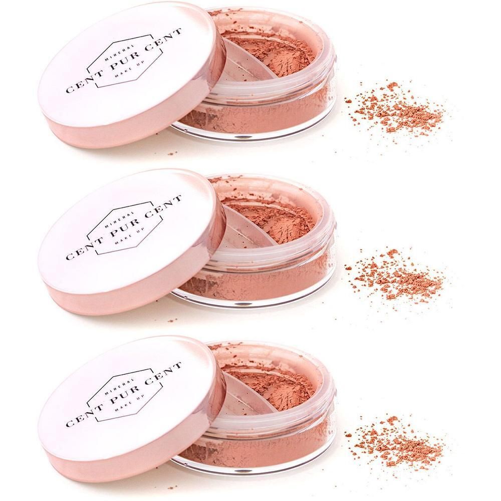 Drie potjes met los minerale blush poeder perzik, deksels open.