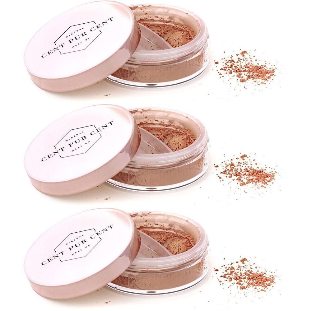 Trois contenants ouverts de poudre minérale libre bronze.