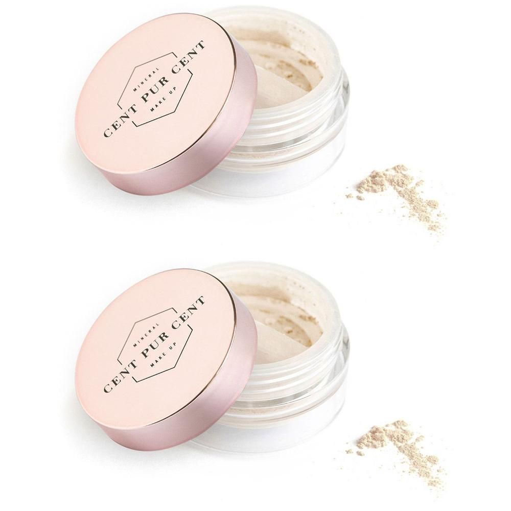 Twee open potjes met Cent pur Cent Mineralen Oogschaduwpoeder Beige. Poeder is licht verspreid.