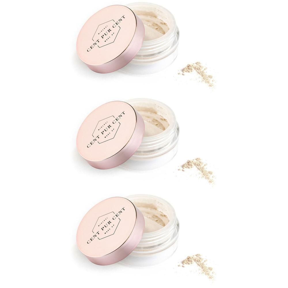 Drie open potjes met beige mineraalpoeder en roségouden deksel met logo.