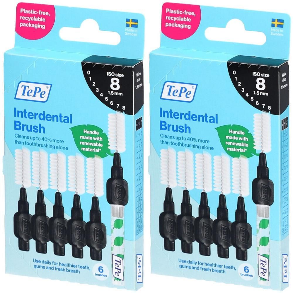 Deux paquets de brosses interdentaires TePe, taille 8 (1,50 mm), noires. Manche en matériau renouvelable.