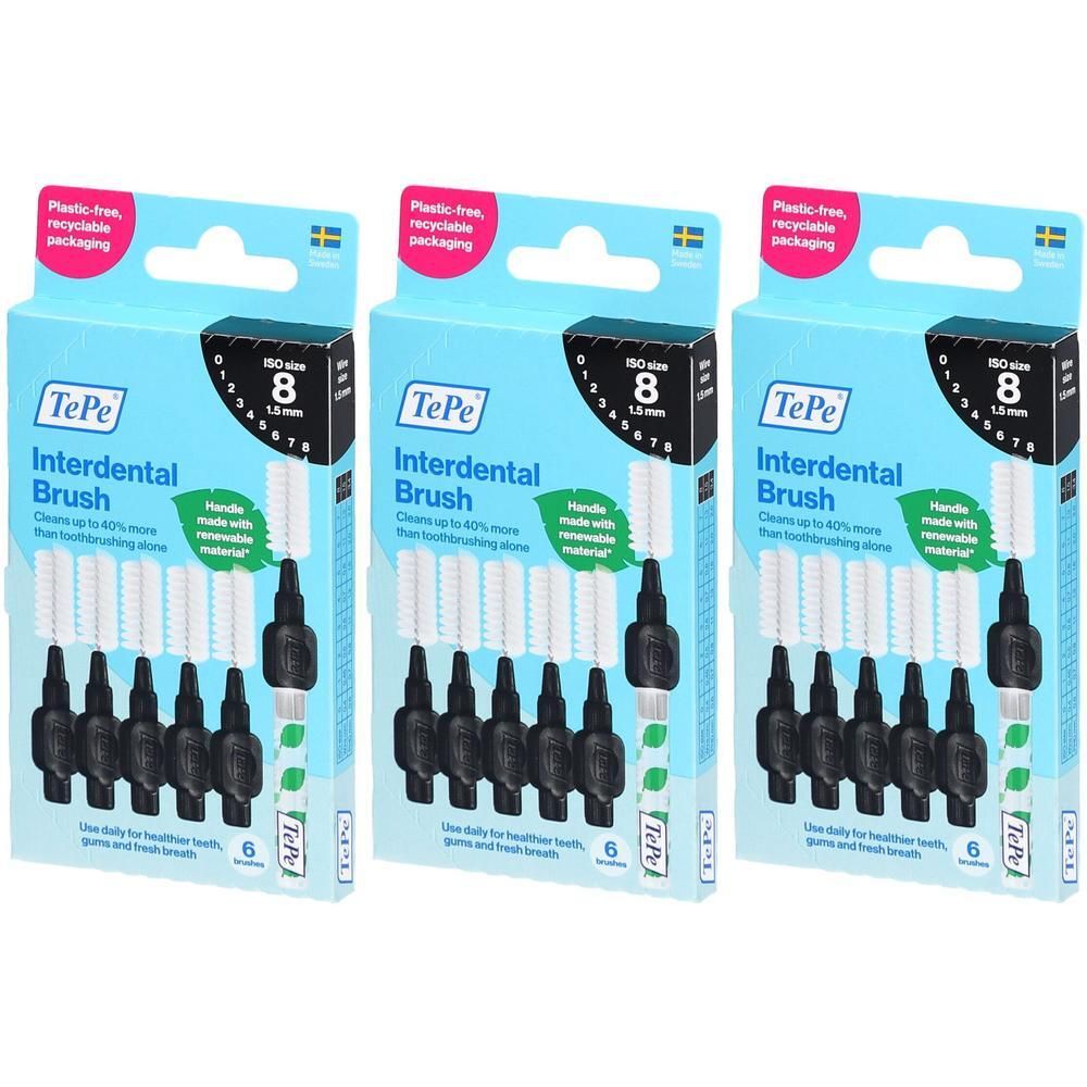 Drie pakken TePe interdentale borstels, maat 8 (1,50 mm), zwart. Elk pak bevat 6 borstels.