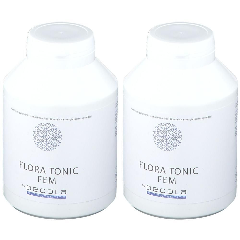 Twee witte flessen met opschrift "Flora Tonic Fem by Decola" en een cirkelvormig patroon.