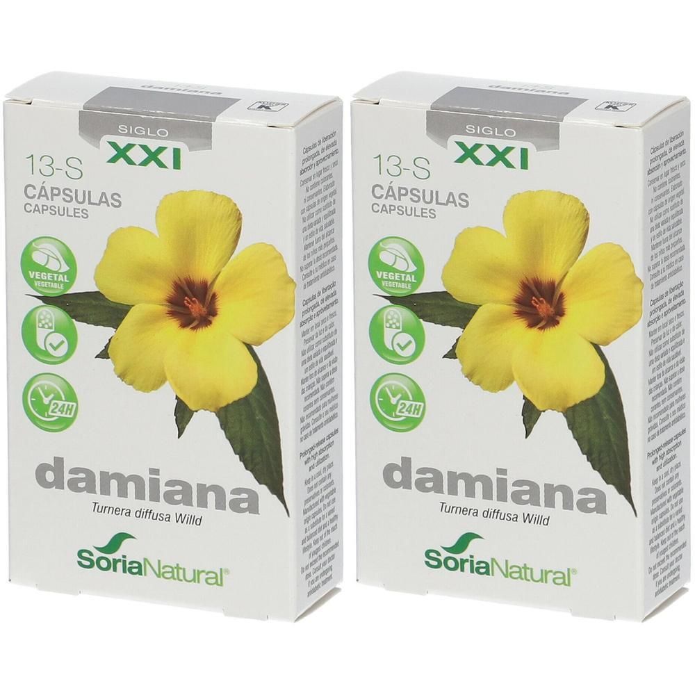 Deux boîtes de Soria Natural Damiana XXI capsules avec une fleur jaune et des feuilles vertes.