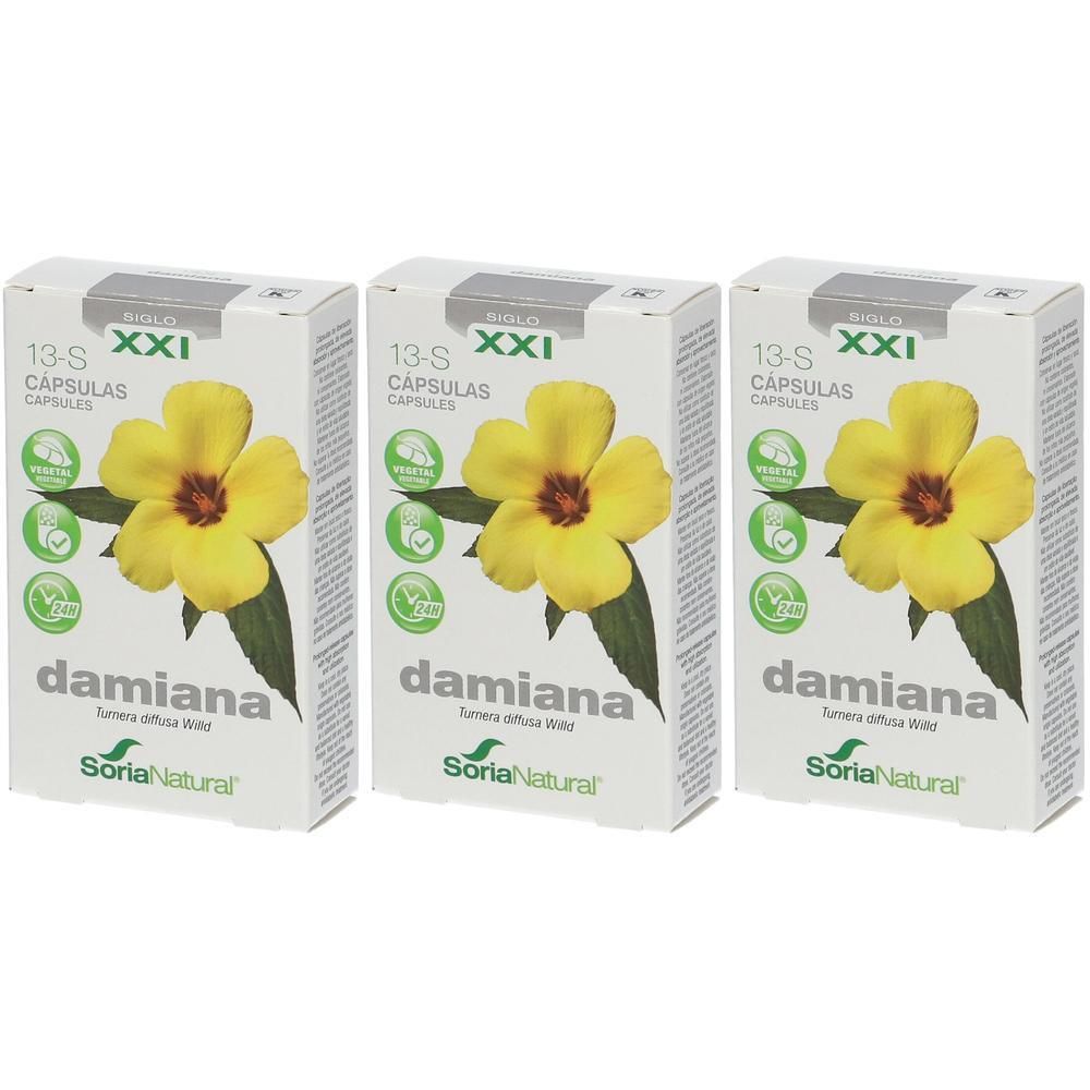Drie doosjes Soria Natural Damiana XXI capsules met gele bloem en groene bladeren.