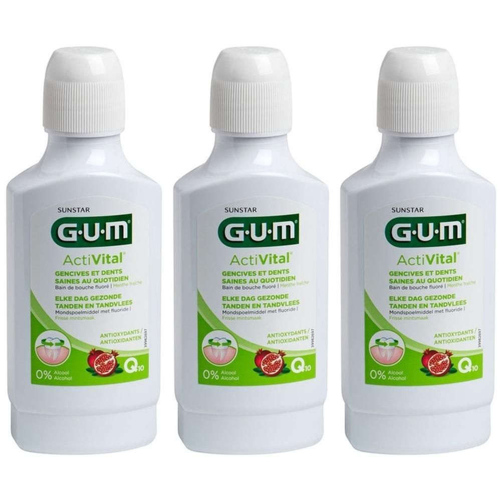 Trois bouteilles de bain de bouche GUM ActiVital avec antioxydants. Sans alcool.