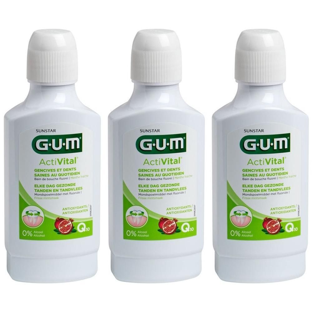 Drie flessen GUM ActiVital mondspoeling met antioxidanten. Zonder alcohol.