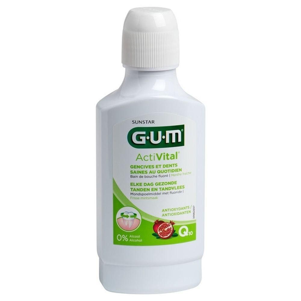 Bouteille de bain de bouche GUM ActiVital, 500ml, avec bouchon blanc. Contient des antioxydants et du Q10.