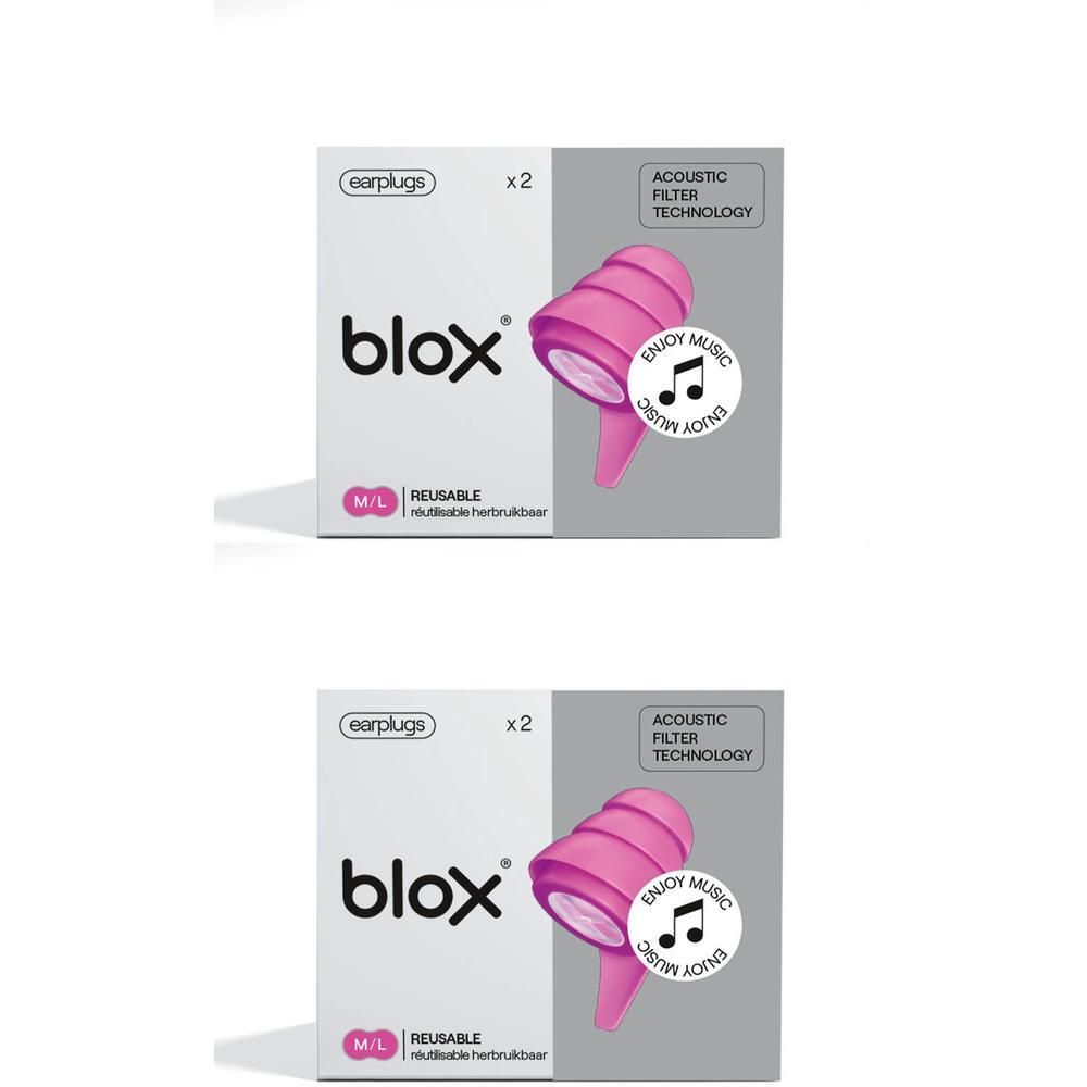 Deux paires de bouchons d'oreilles roses Blox Music, taille M/L, réutilisables, dans leur emballage.