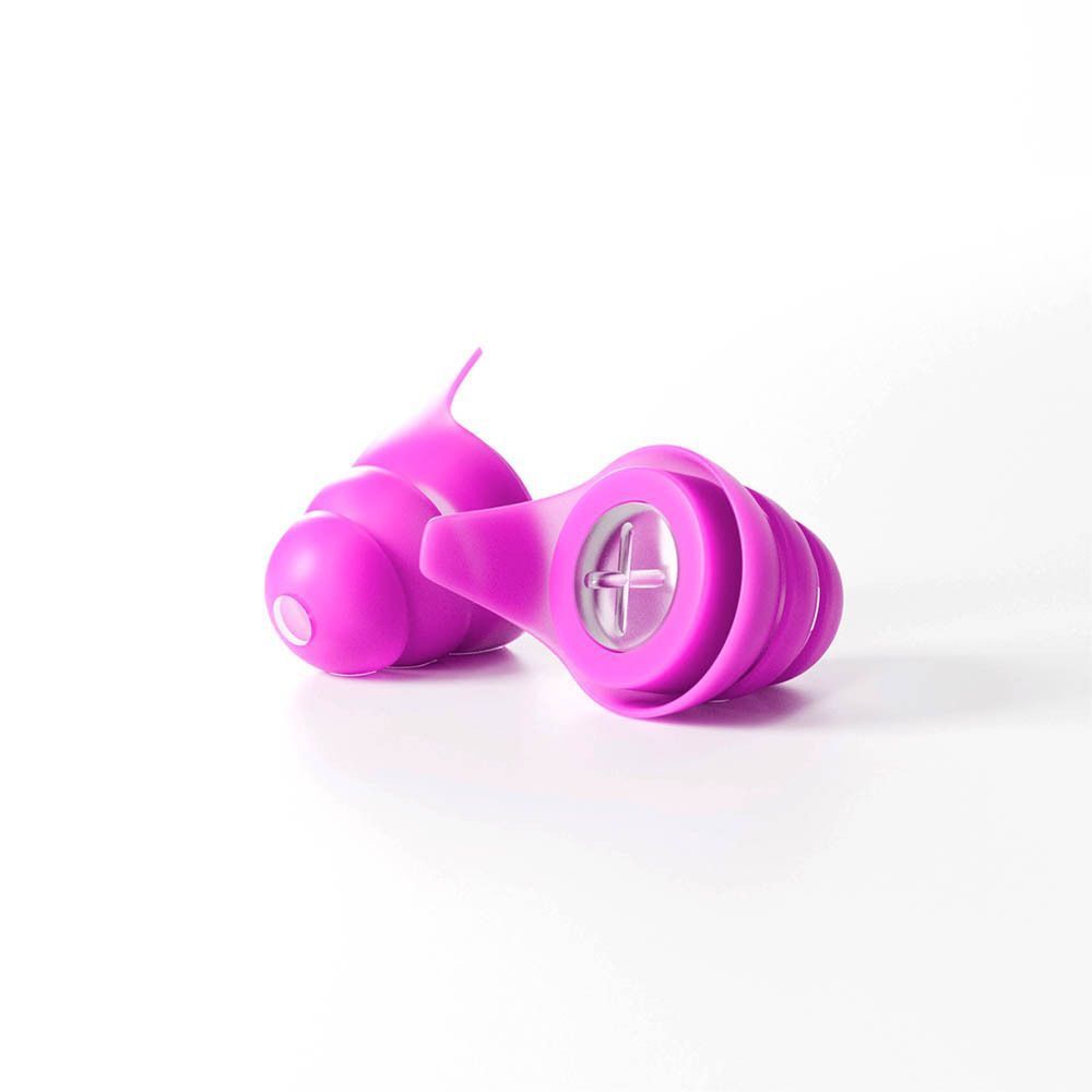 Twee roze Blox Music oordopjes met spiraalontwerp en filterelement, op witte achtergrond.