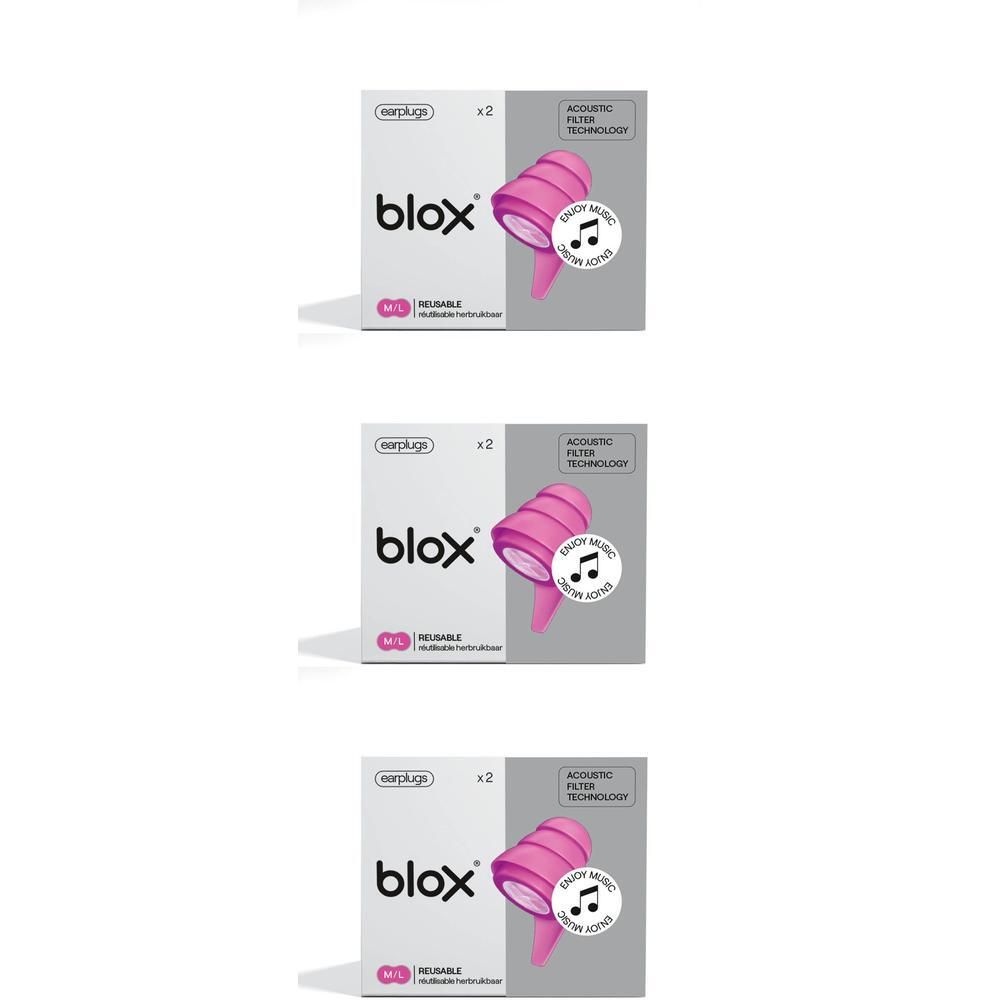 Drie verpakkingen Blox Music oordopjes met roze oordopjes en muzieknoot symbool.