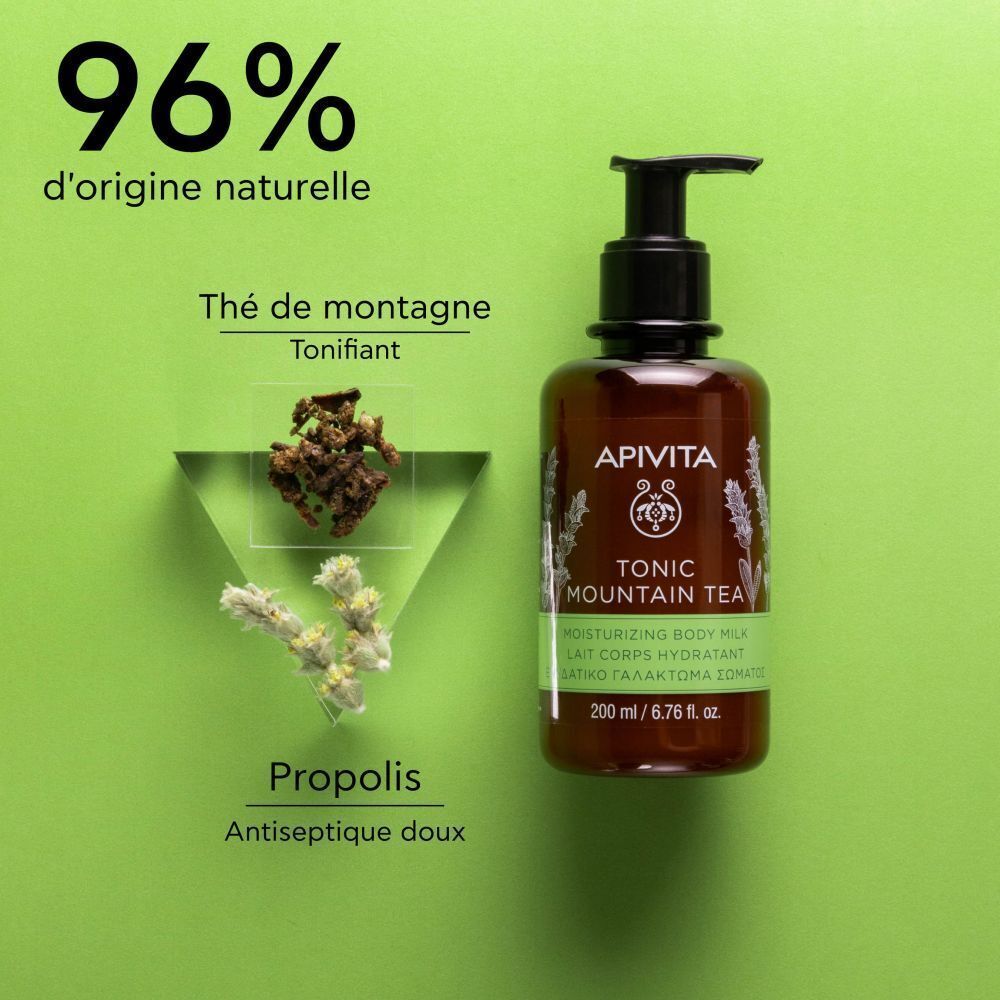 Flacon pompe de lait corporel à côté de thé de montagne et de propolis. Texte sur les ingrédients naturels.