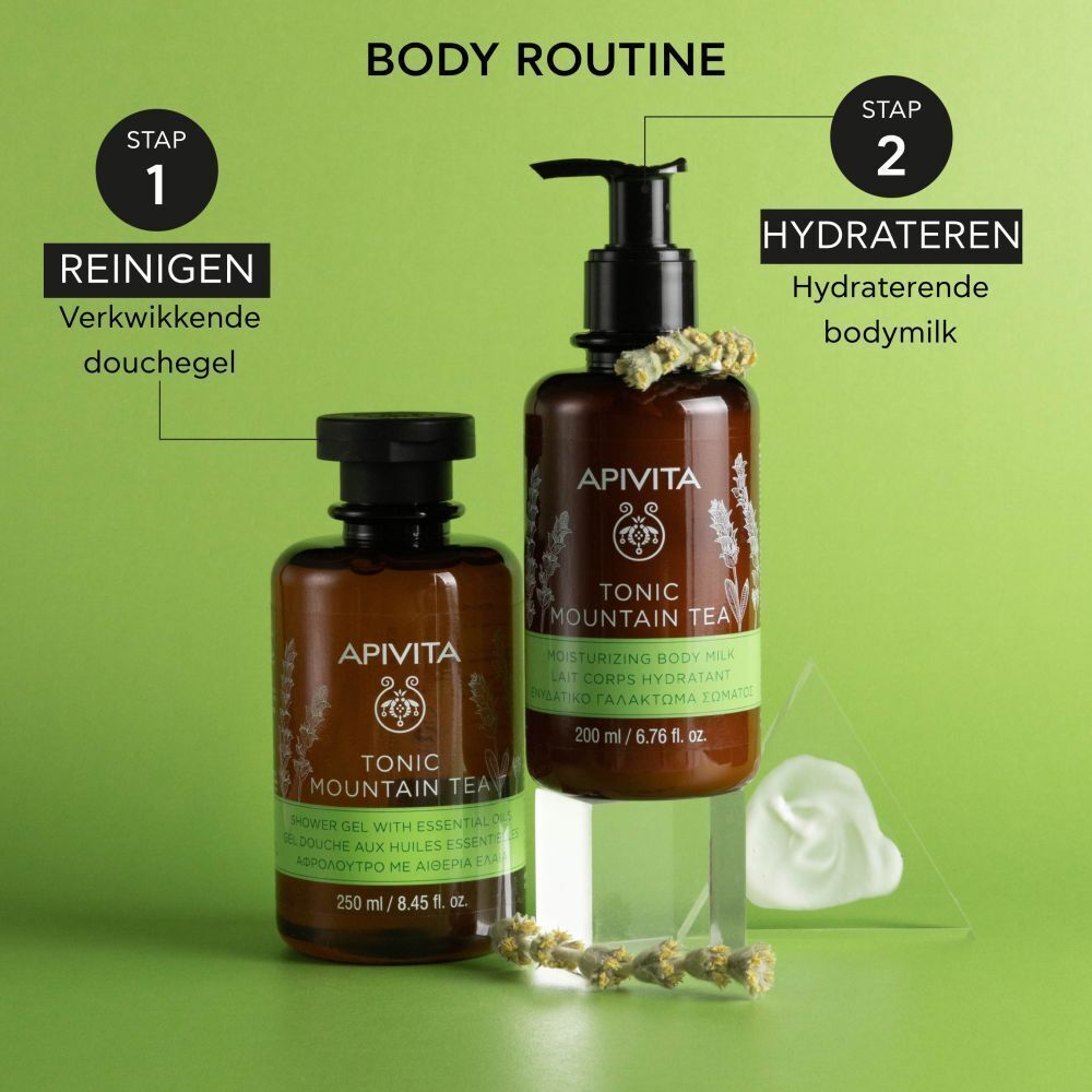 Body routine: douchegel fles en bodylotion pompfles naast elkaar.