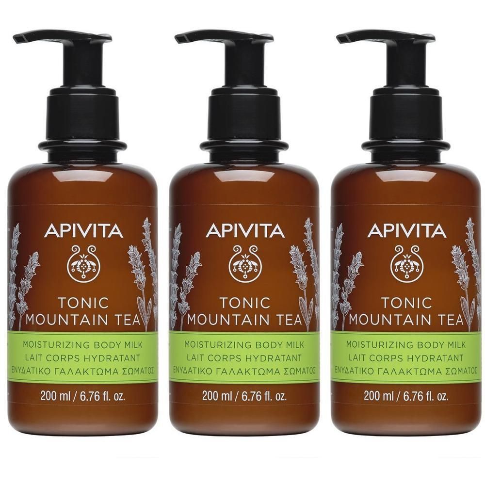 Drie flessen Apivita Tonic Mountain Tea Body Milk met pompdos.