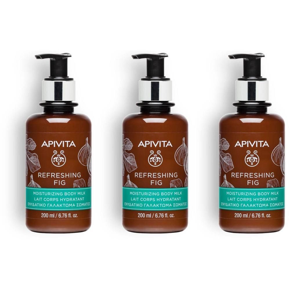 Drie flessen Apivita verfrissende body milk met pompdos.