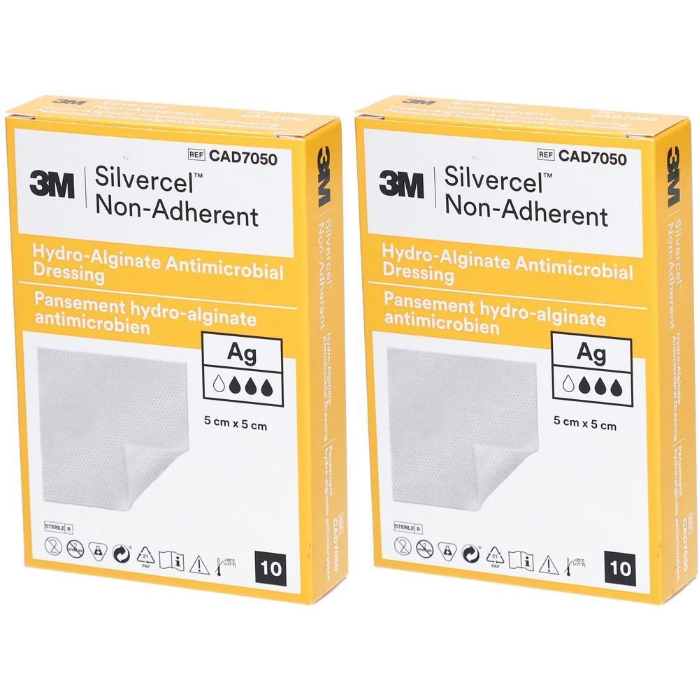 Deux boîtes de pansements hydro-alginate antimicrobiens 3M Silvercel, 5x5 cm.
