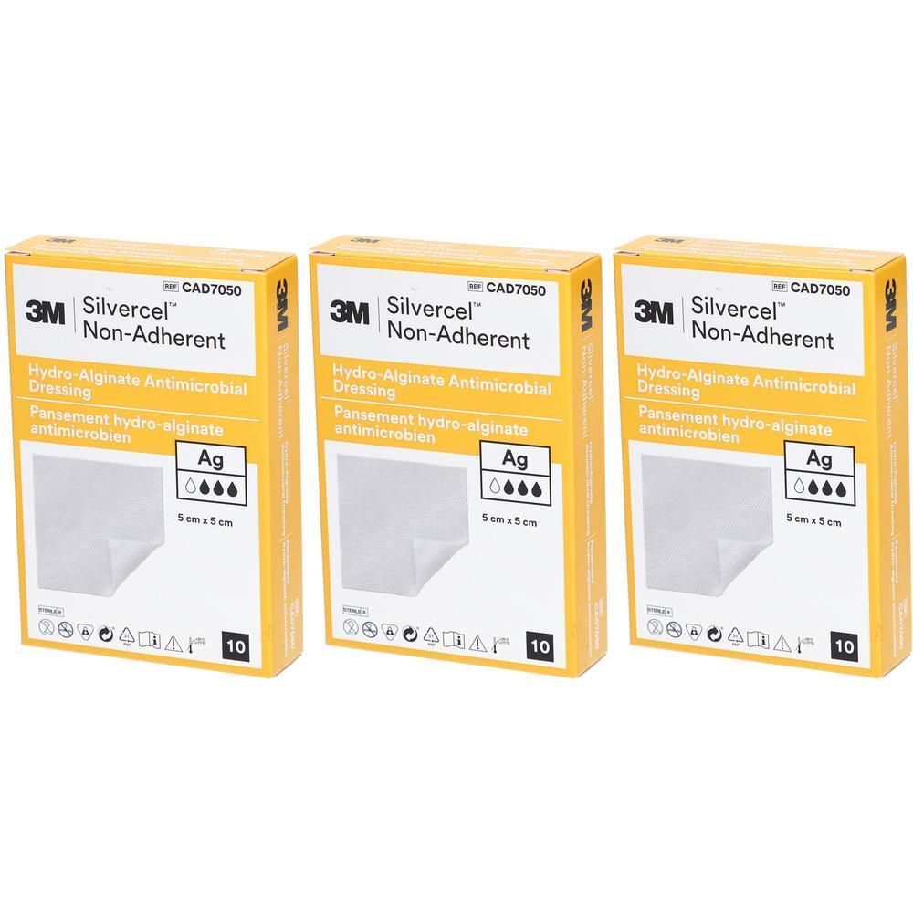 Trois boîtes de pansements hydro-algino-antimicrobiens 3M Silvercel, 5x5 cm.