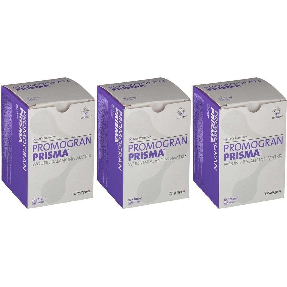 Drie dozen PROMOGRAN PRISMA Wound Balancing Matrix, 28 x 28 cm.