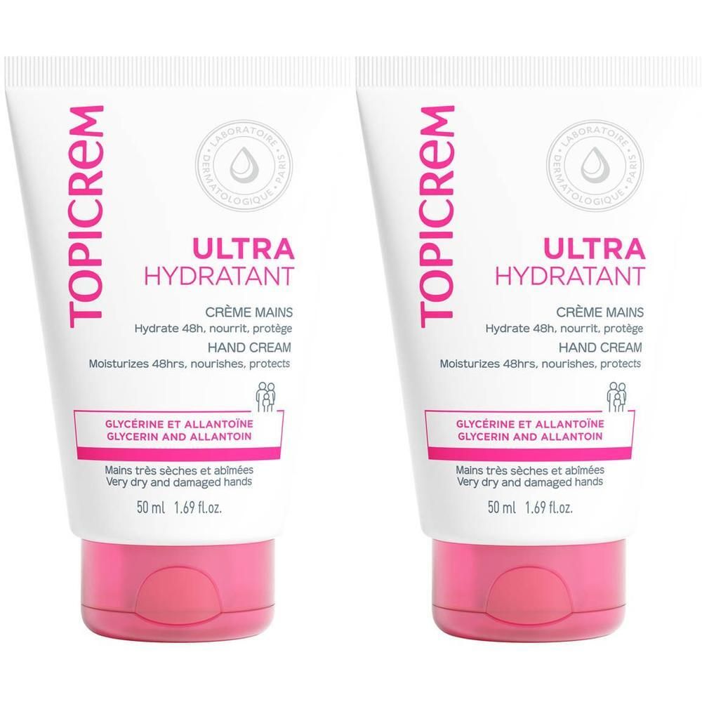 Deux tubes de crème mains TOPICREM Ultra-Hydratante, 50 ml.