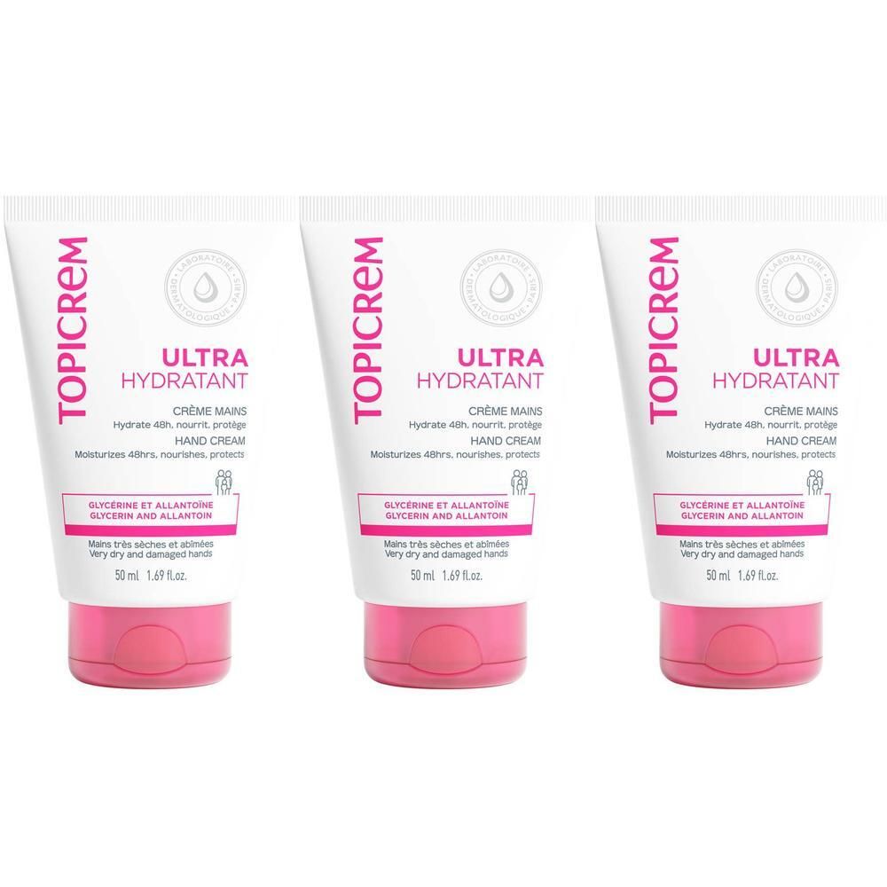 Trois tubes de crème mains TOPICREM Ultra-Hydratante, 50ml.