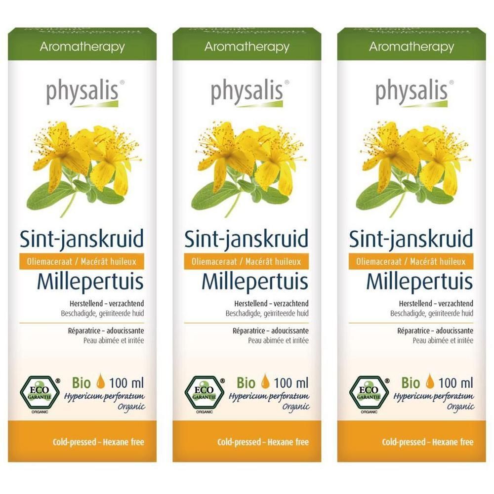 Trois flacons de Macérât Huileux de Millepertuis Bio Physalis®. 100 ml. Pressé à froid, sans hexane.