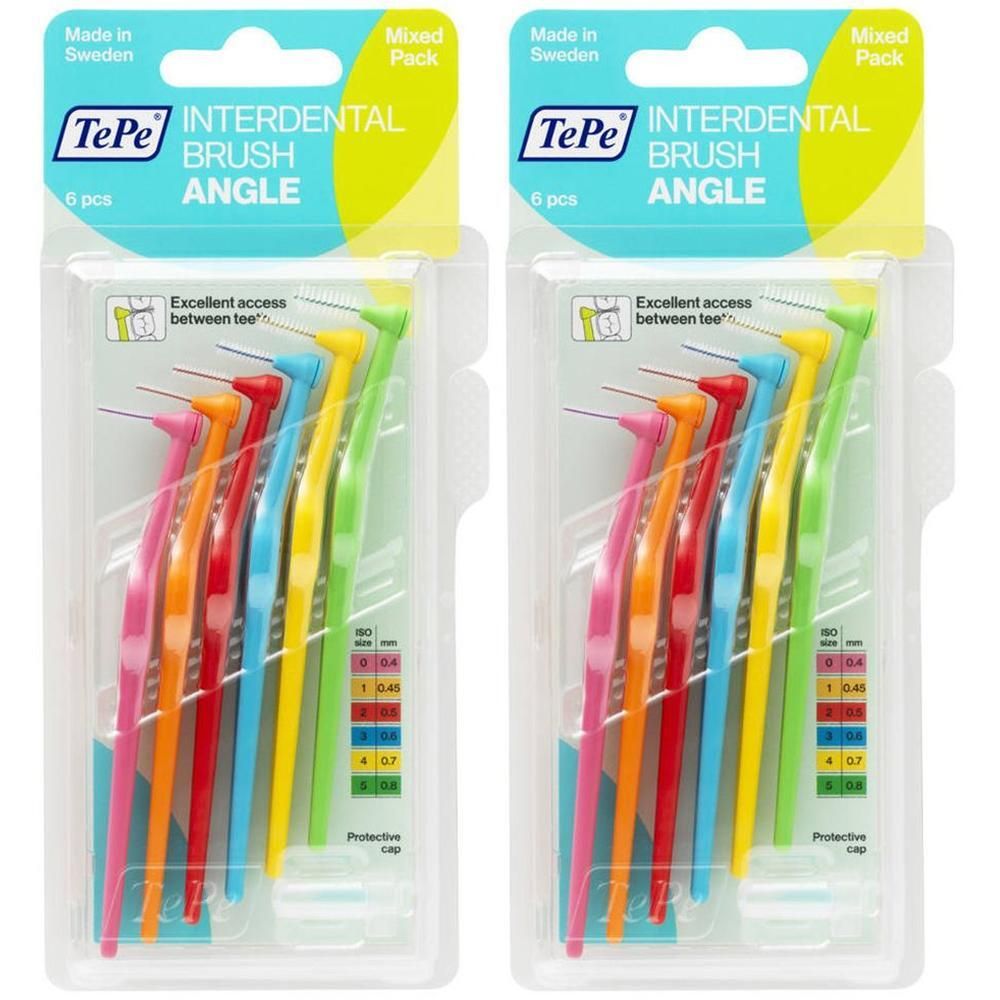 Deux paquets de brosses interdentaires TePe Angle, 6 pièces chacune. Brosses colorées à tête coudée pour le nettoyage interdentaire.