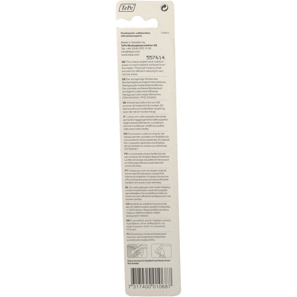 Arrière d'un emballage de brosse TePe® IMPLANT CARE™ avec informations produit et code-barres.