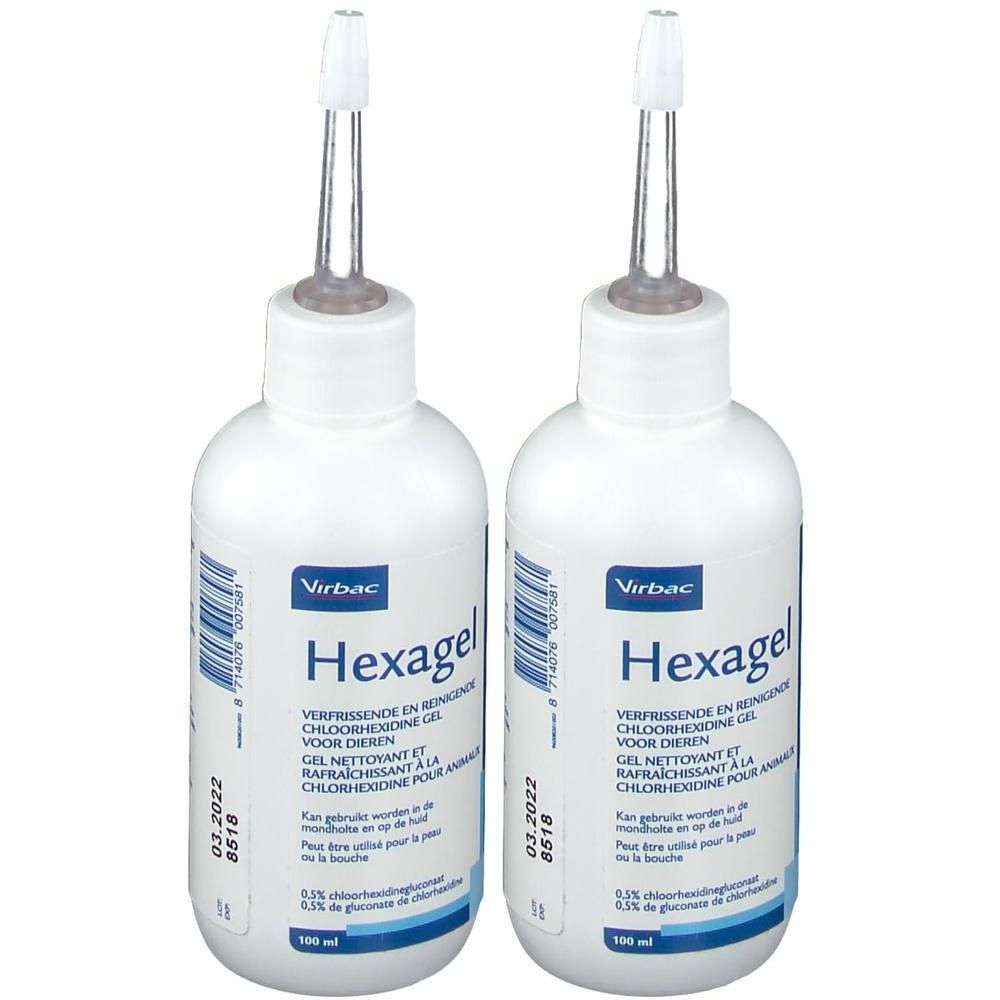 Deux flacons blancs Virbac Hexagel avec embouts applicateurs. 0,5% de chlorhexidine.