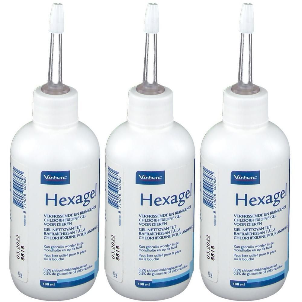 Drie flessen Virbac Hexagel met applicator. Verfrissende en reinigende gel voor dieren.