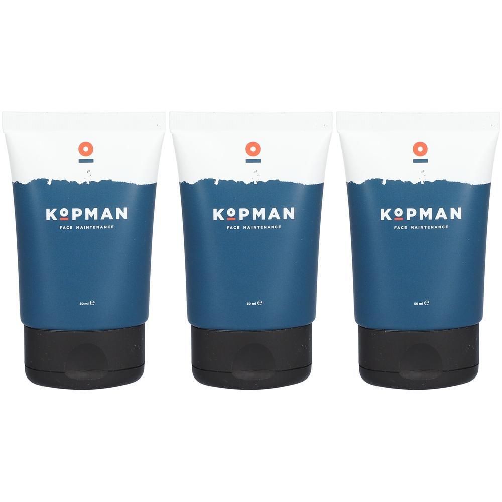 Trois tubes de Kopman Face Maintenance Homme, design bleu foncé et blanc.