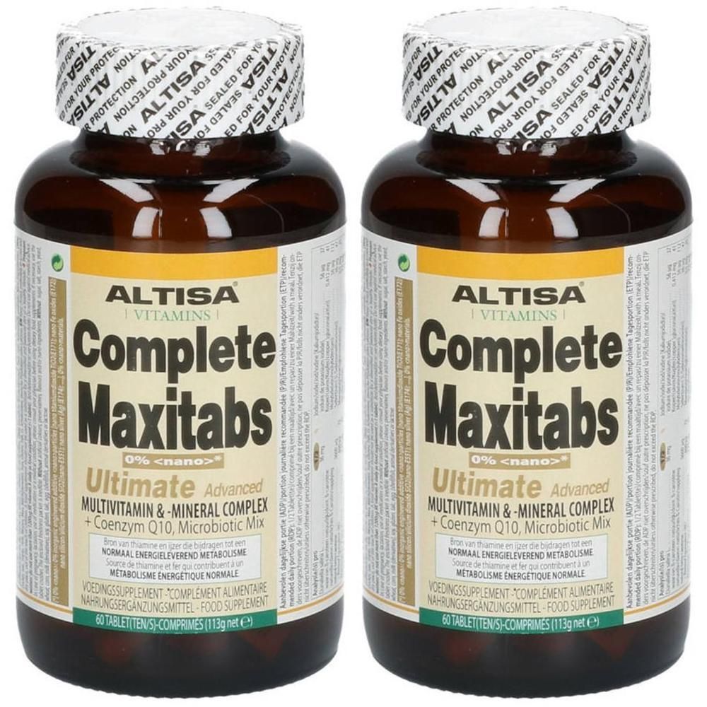 Deux flacons d'Altisa Complete Maxitabs Multivitamin & Mineral Complex avec Coenzym Q10.