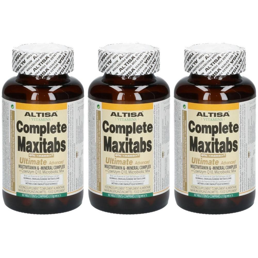 Drie flessen Altisa Complete Maxitabs Ultimate + Q10 Multivitamine & Mineralen Complex.
