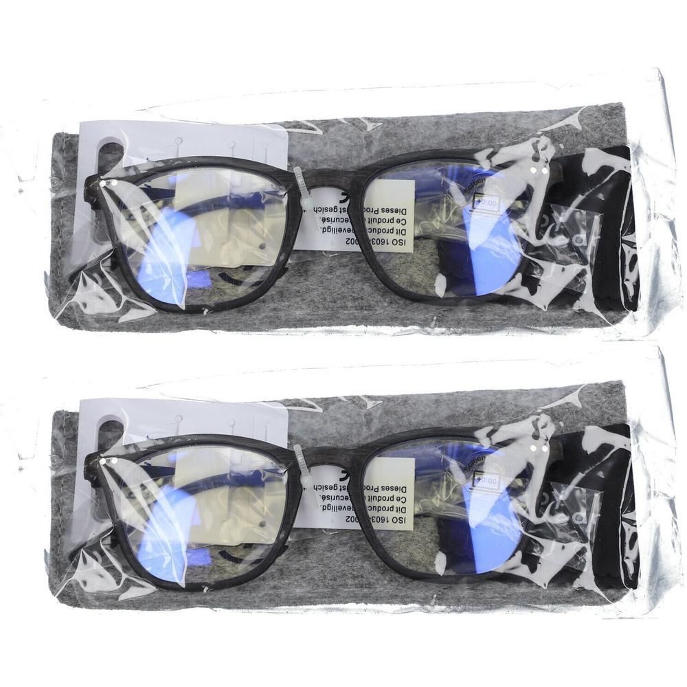 Deux paires de lunettes de protection noires à verres bleus, chacune dans un emballage plastique avec pochette en tissu.
