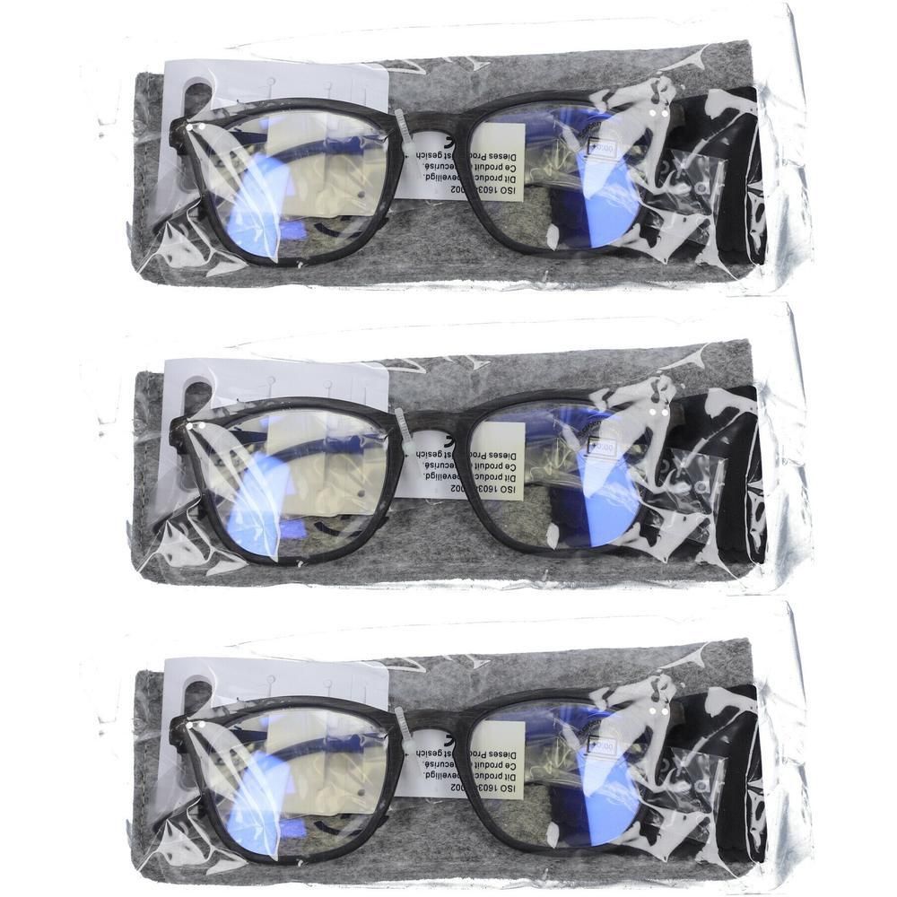 Trois paires de lunettes de protection à monture noire et verres bleus, emballées individuellement dans du plastique avec des pochettes en tissu gris.