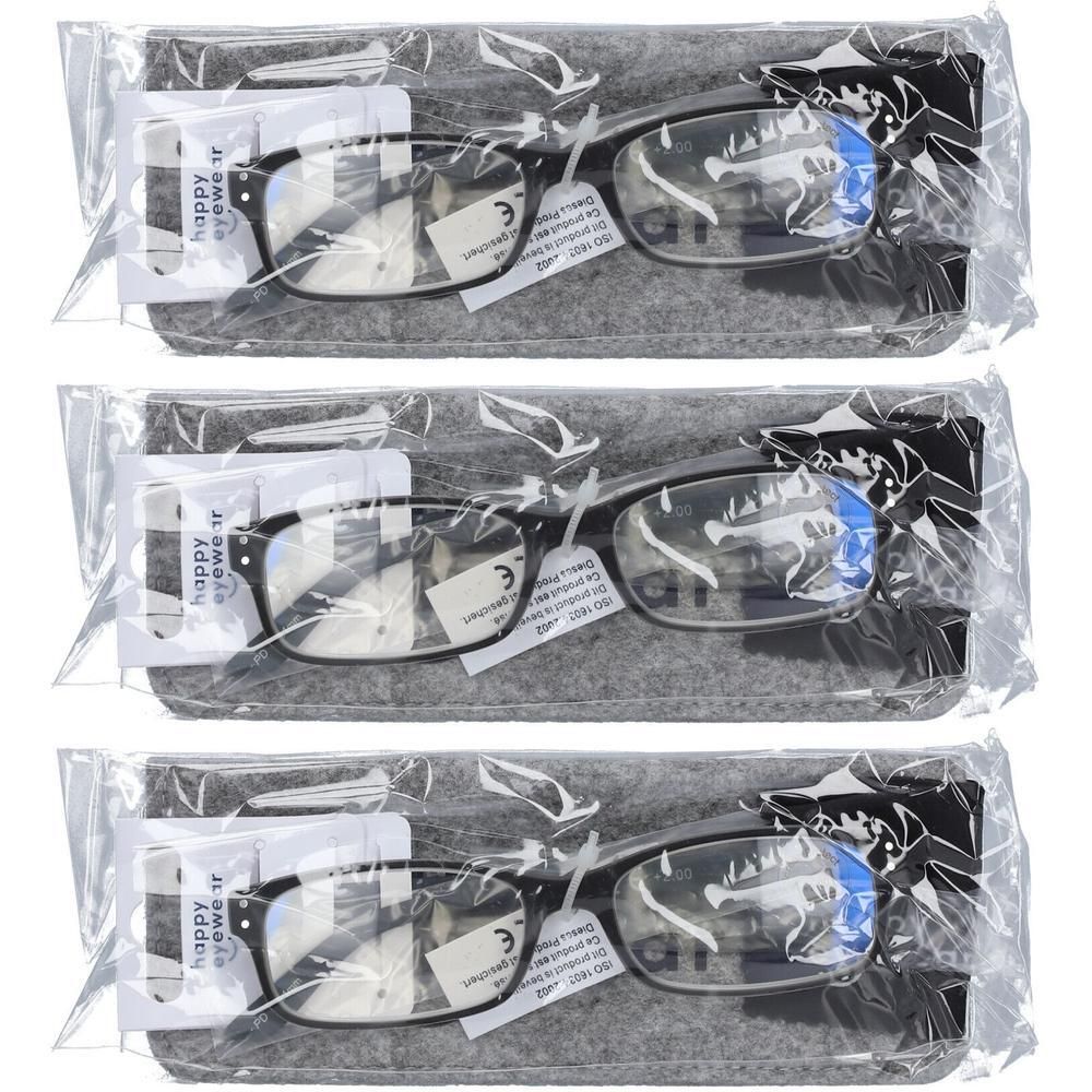 Drie paar leesbrillen met zwart montuur, elk in een etui en plastic verpakking.