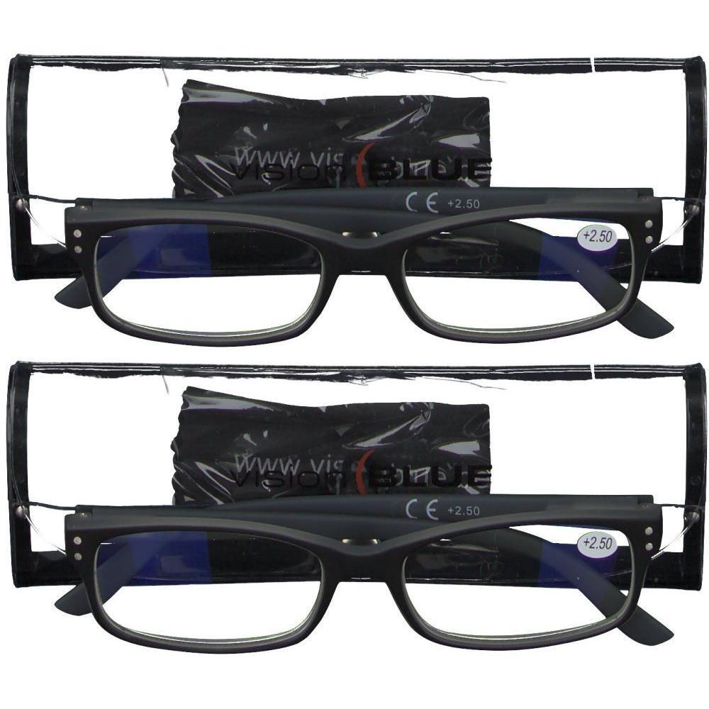 Deux paires de lunettes de lecture noires, avec étui et chiffon. Marquage CE +2.50.