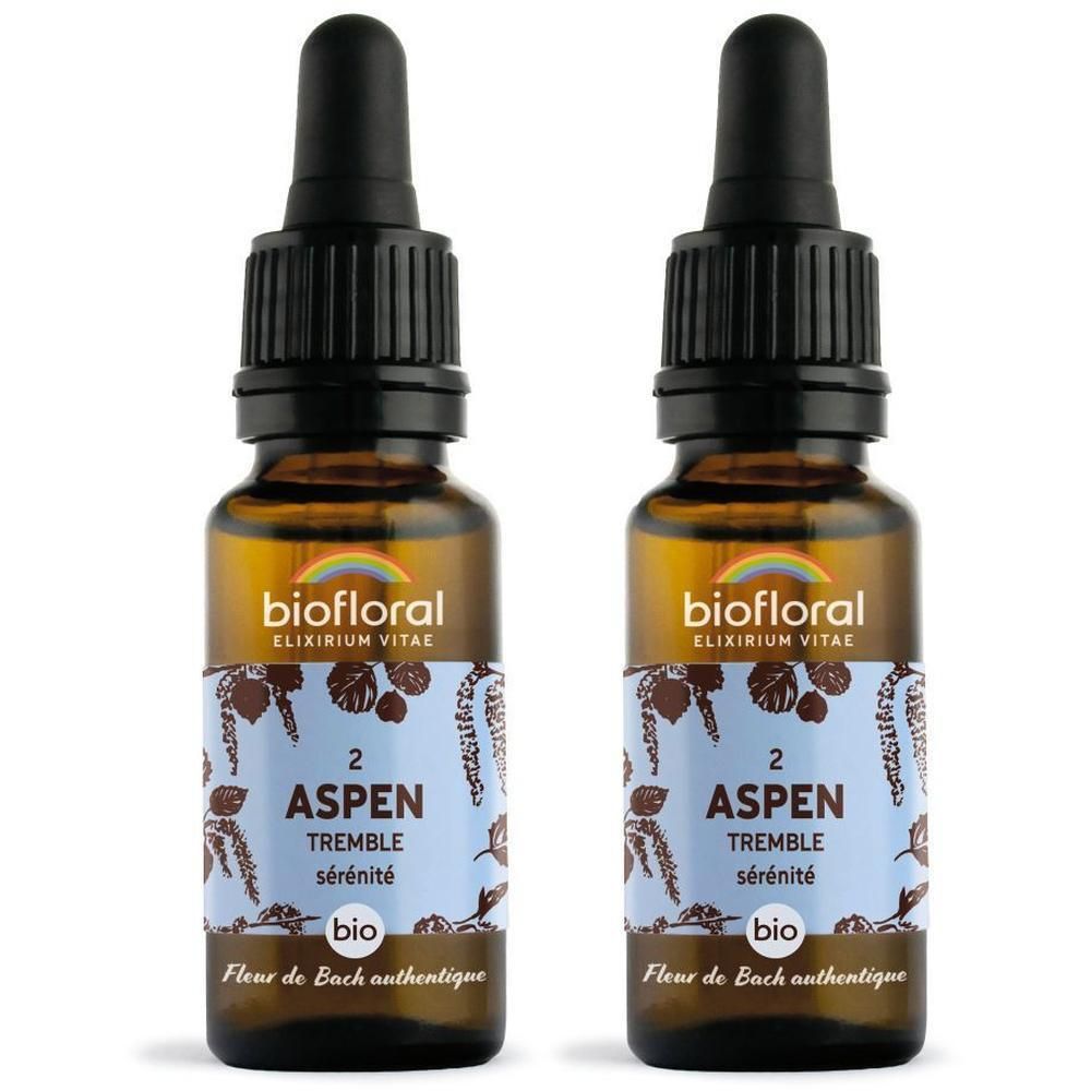 Twee glazen flesjes met druppelaar, gevuld met Aspen druppels.