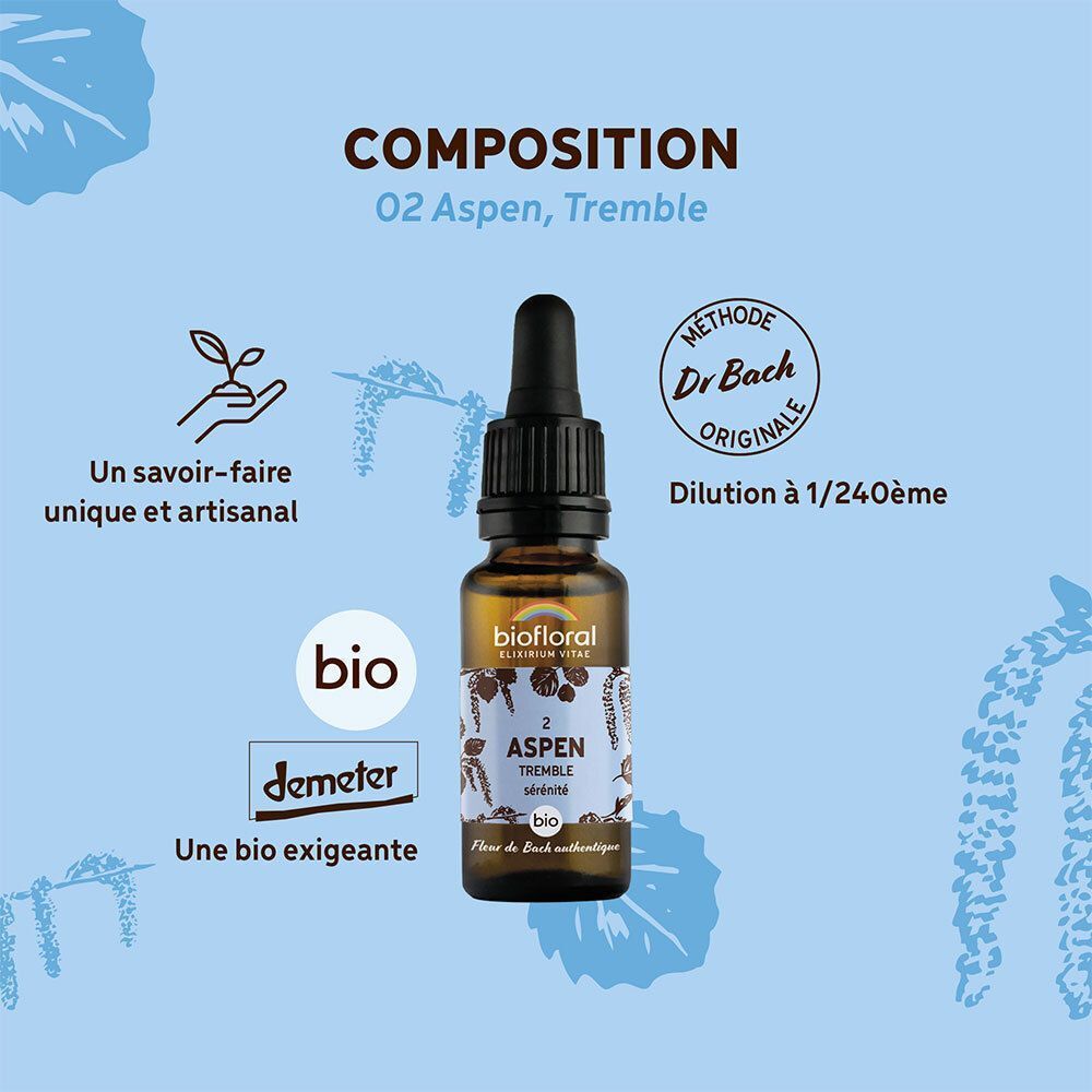 Flacon avec compte-gouttes, étiquette motif Aspen, entouré de texte et icônes.