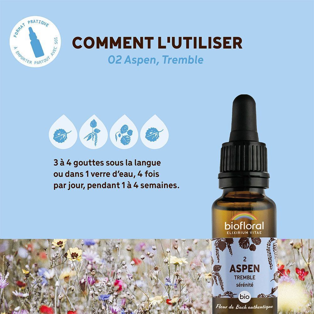 Flacon avec compte-gouttes, étiquette motif Aspen, entouré de texte et icônes.