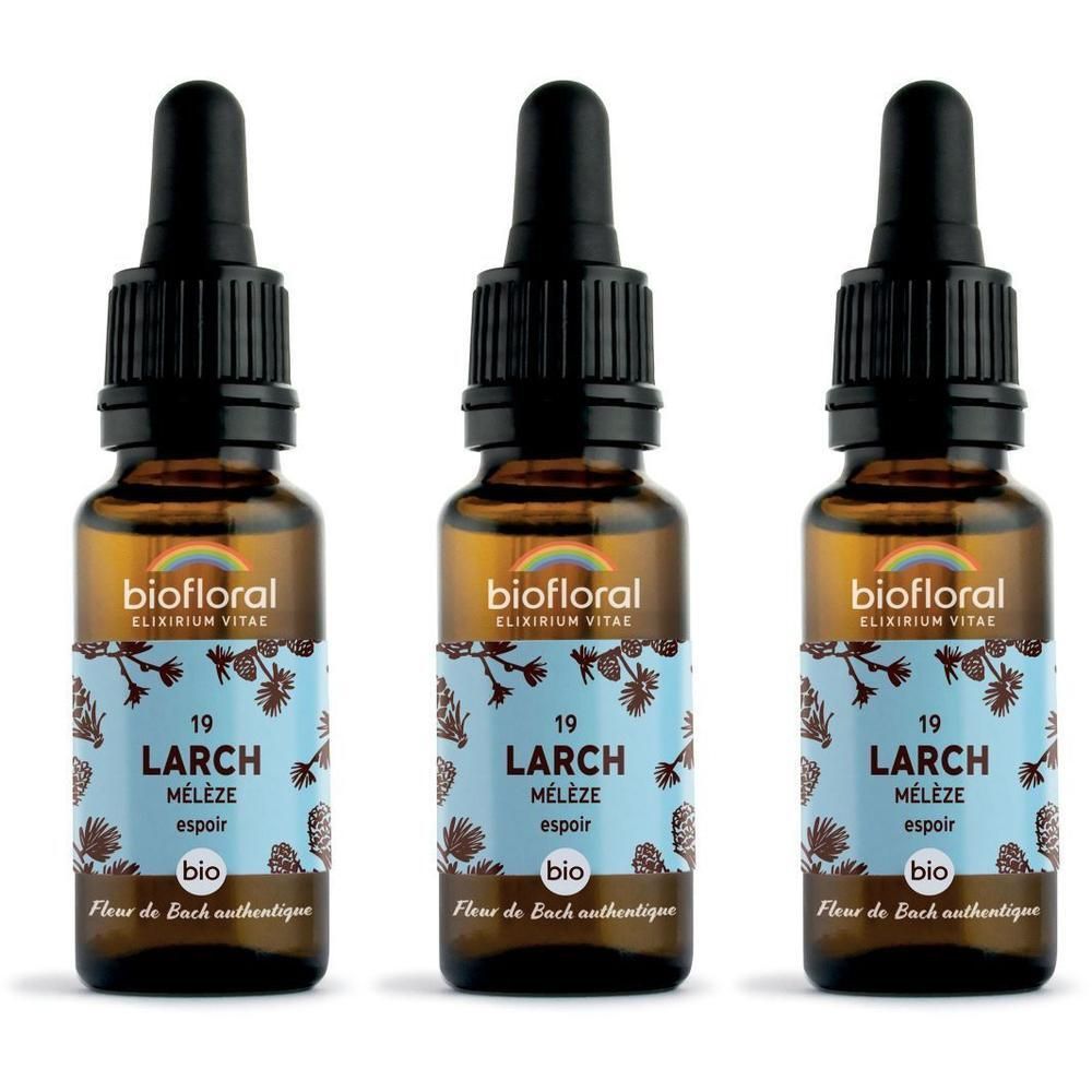 Drie bruine glazen flesjes met druppelaar, etiket "19 LARCH Mélèze".