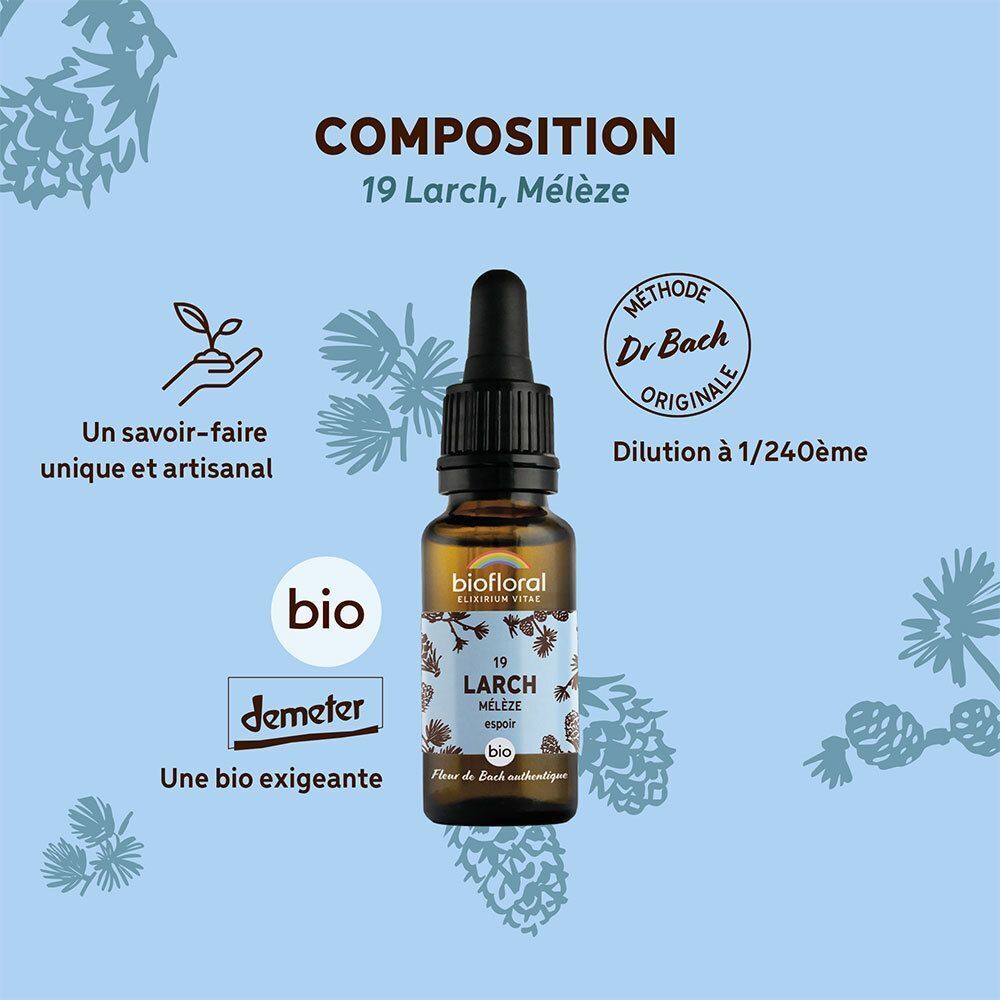 Flacon avec pipette, étiquette "19 LARCH Mélèze", "bio", "Demeter", "Méthode Dr Bach".