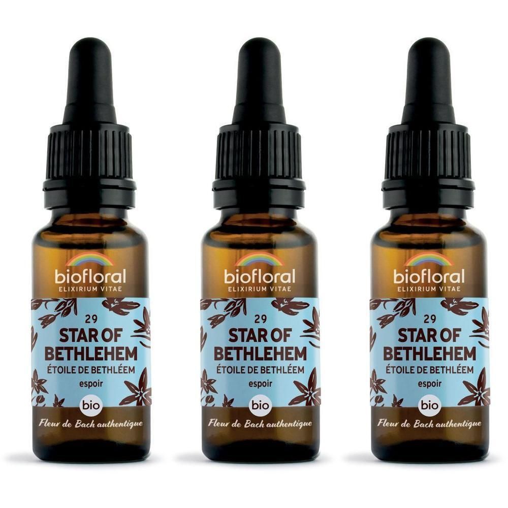 Drie bruine glazen flesjes met druppeldop, etiket met "Star of Bethlehem" en "bio".