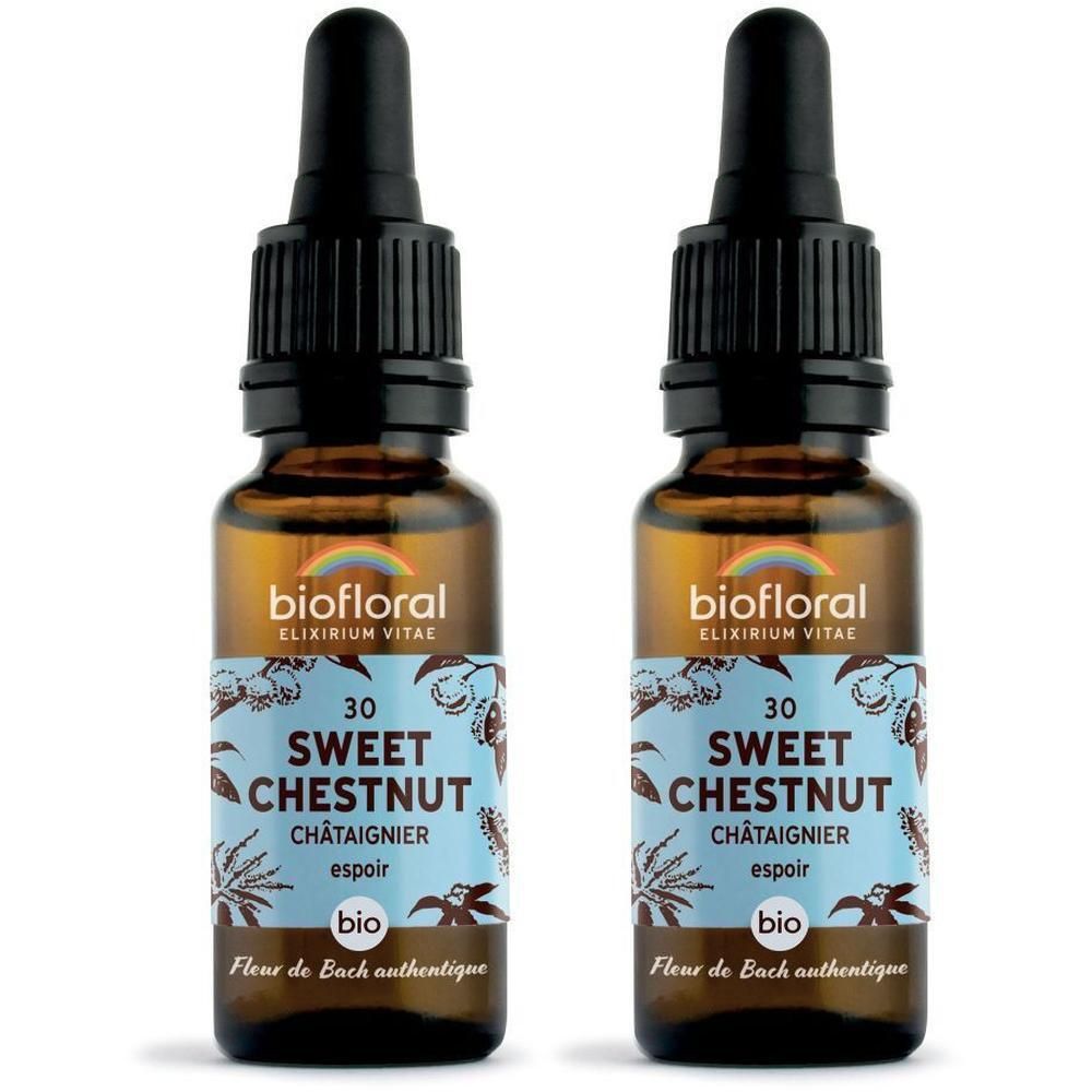 Twee flesjes BIOFLORAL 30 Zoete Kastanje met druppeldop.