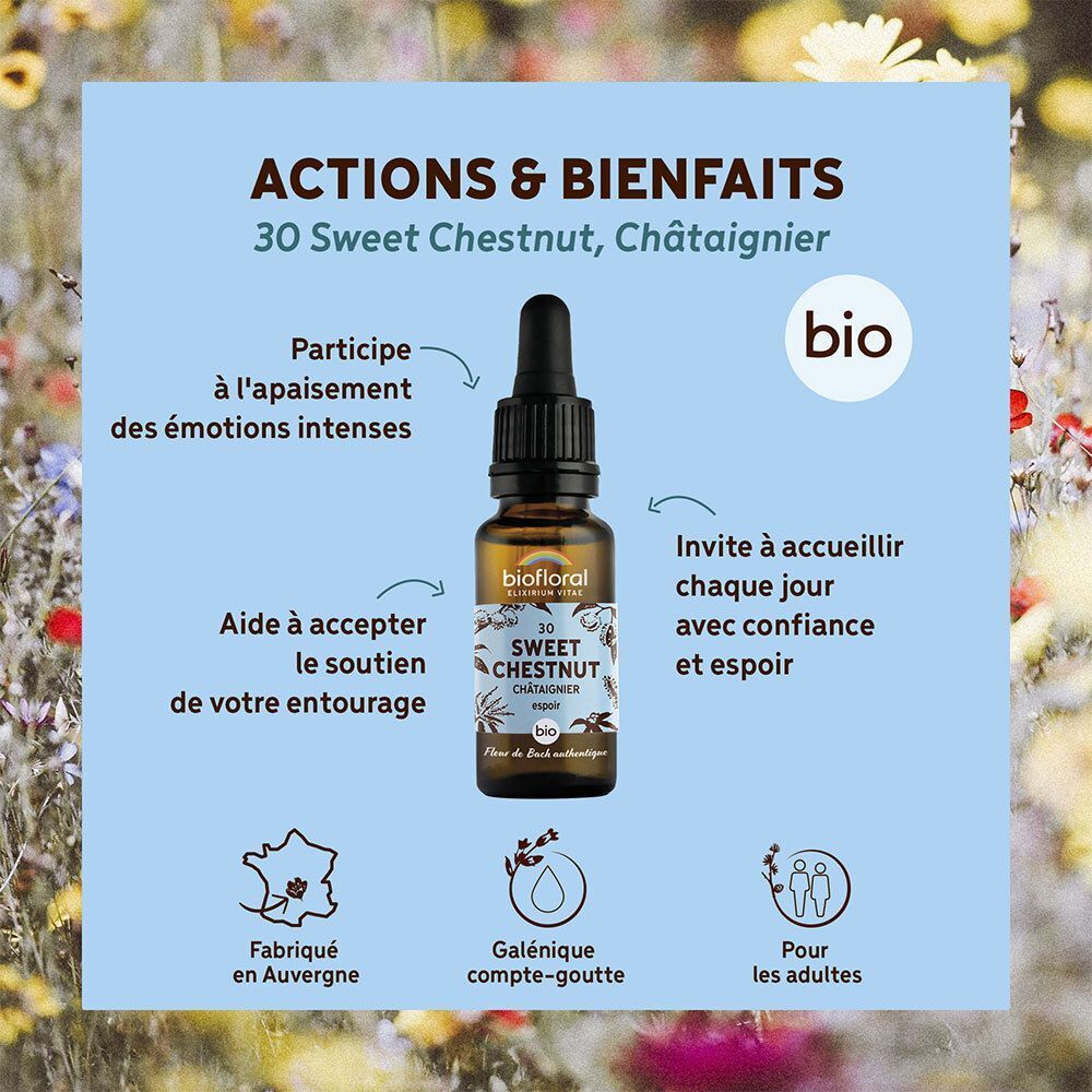 Flacon BIOFLORAL 30 Châtaignier avec pipette, informations sur les actions et bienfaits.