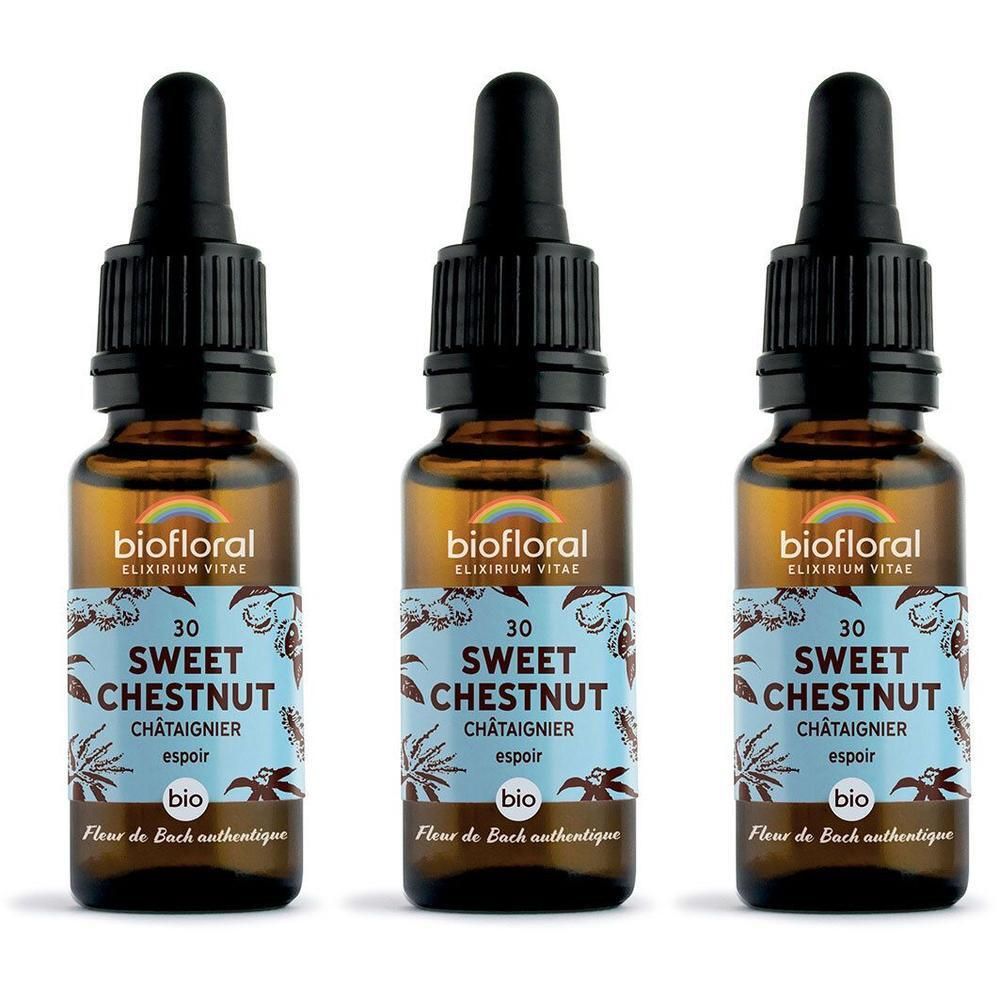 Trois flacons compte-gouttes bruns étiquetés : BIOFLORAL 30 Sweet Chestnut.