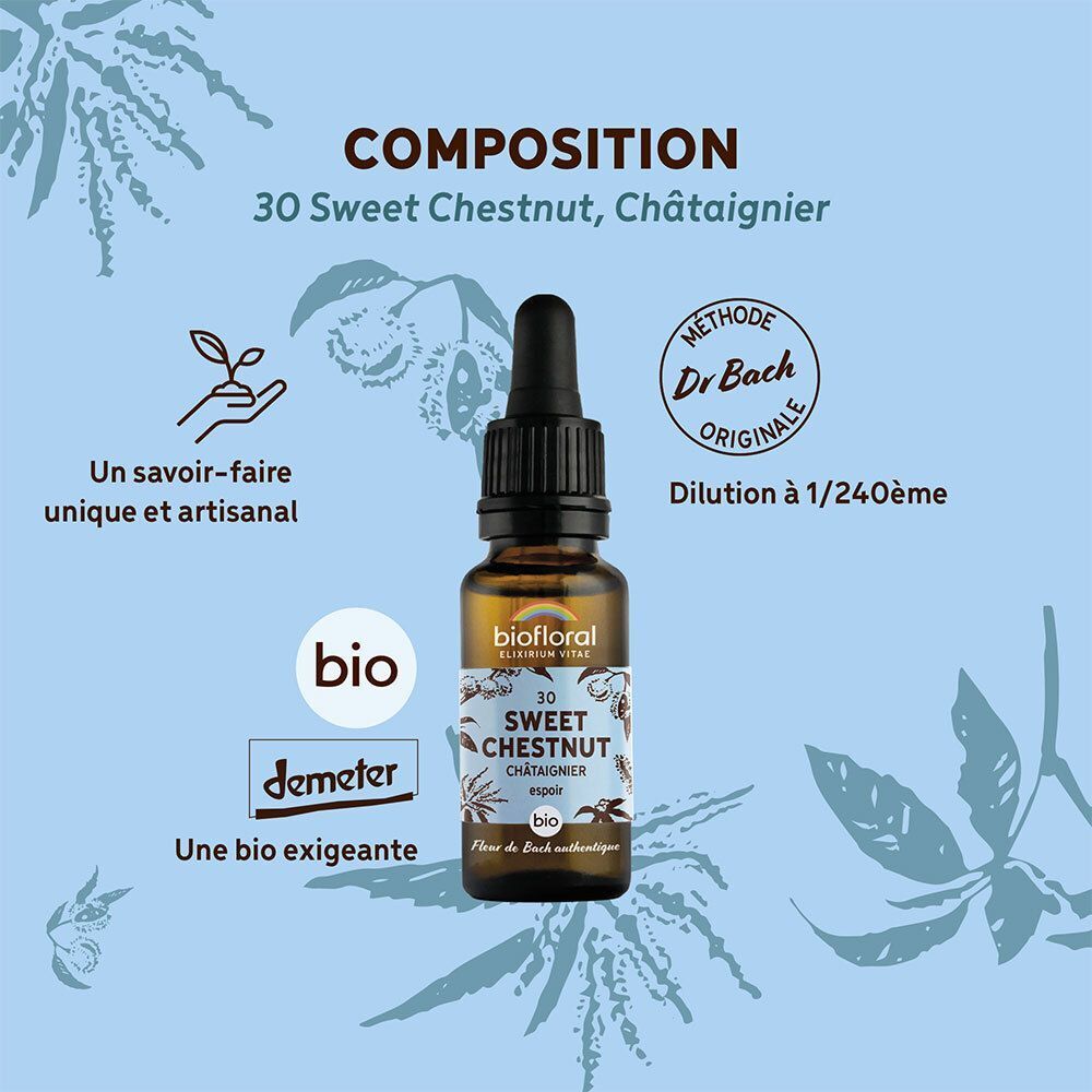 Flacon BIOFLORAL 30 Sweet Chestnut avec explications sur la composition et label Demeter.